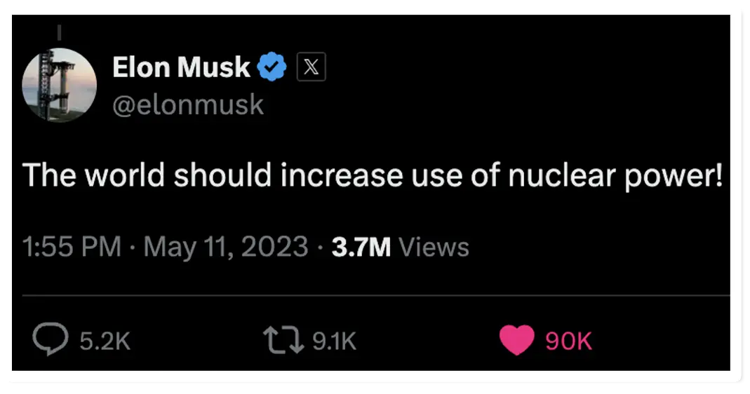 Tweet: “The world should increase use of nuclear power!”