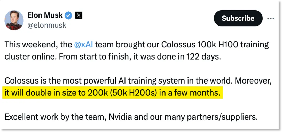Tweet: This weekend, the @xAI team brought our Colossus 100k H100 training cluster online. From start to finish, it was done in 122 days. Colossus is the most powerful AI training system in the world. Moreover, it will double in size to 200k (50k H200s) in a few months. Excellent work by the team, Nvidia and our many partners/suppliers.