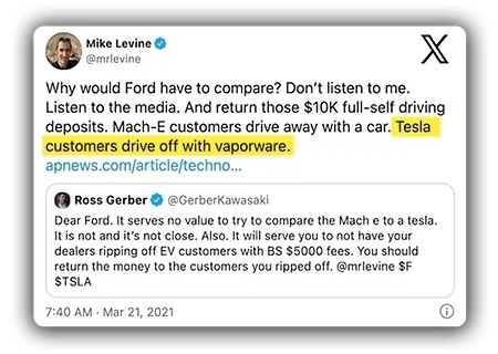 Tweet from Ford spokesperson Mike Levine calling Tesla’s full self-driving vaporware