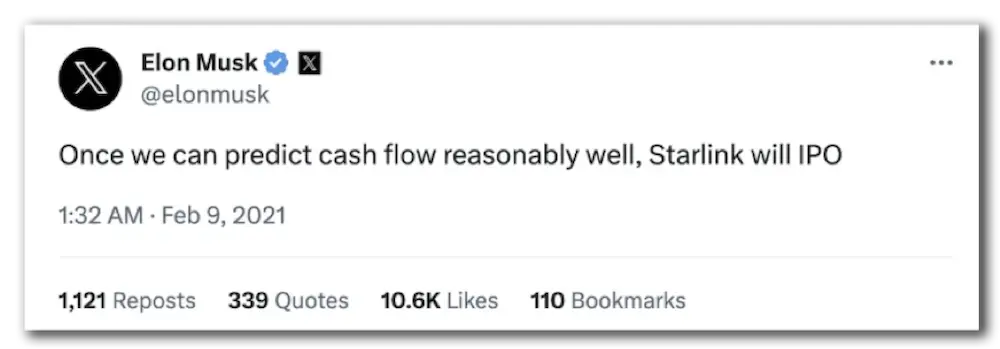 Elon Musk tweet: Once we can predict cash flow reasonbly well, Starlink will IPO