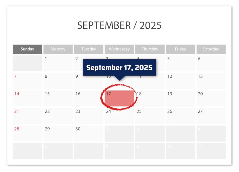 Calendar with September 17, 2025 circled