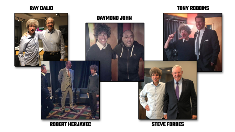 Photo montage of Altucher with Ray Dalio, Steve Forbes, Tony Robbins, Daymond John, and Robert Herjavec
