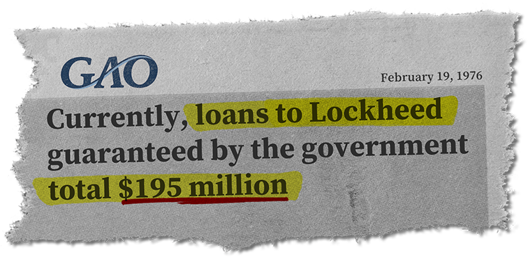 GAO, 2/19/1976: currently, loans to Lockheed guaranteed by the government total $195 million