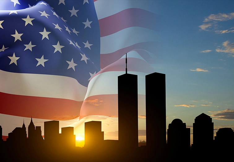 Twin Towers with American flag in background