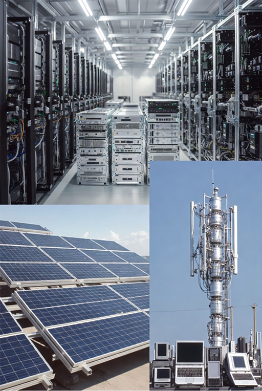 server farms, solar panels, and electronics