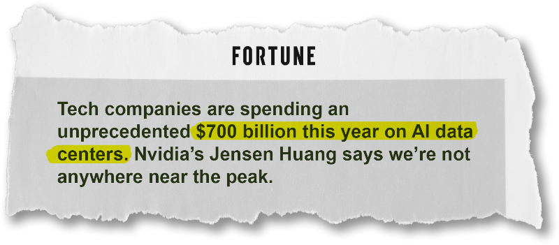 Tech companies are spending an
unprecedented $700 billion this year on Al data centers. Nvidia's Jensen Huang says we're not anywhere near the - Fortune