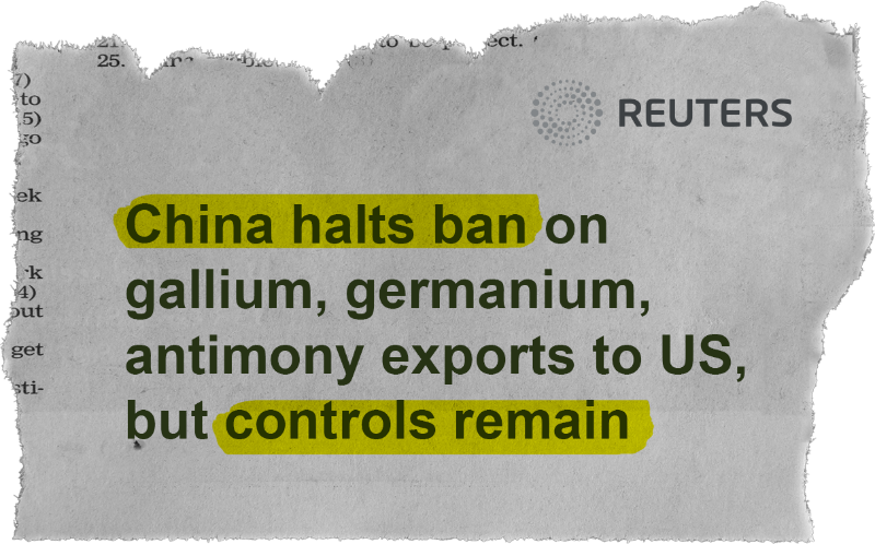 China halts ban on gallium, germanium, antimony exports to US, but controls remain - Reuters