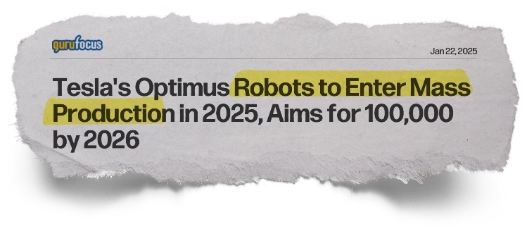 Headline: Tesla's Optimus Robots to Enter Mass Production in 2025, Aims for 100,000 by 2026