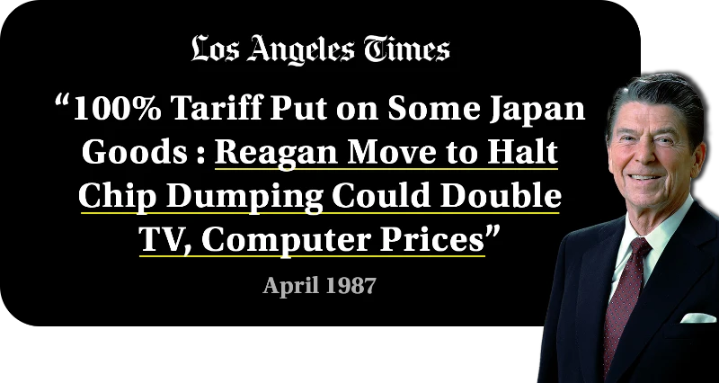 100% Tariff Put on Some Japan Goods: Reagan Moved to Halt Chip Dumping Could Double TV, Computer Prices