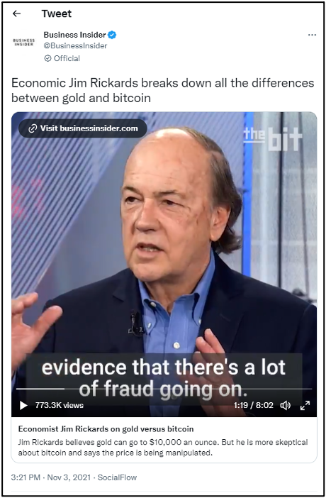 Business Insider tweet: Economist Jim Rickards breaks down all the differences between gold and bitcoin
