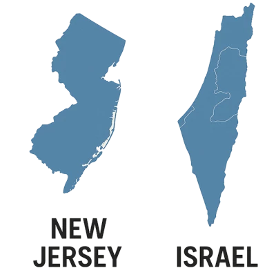 Map comparing New Jersey and Israel