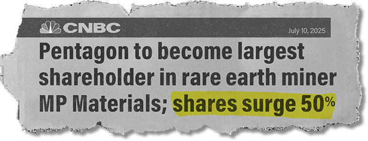 Headline: Pentagon to become largest shareholder in rare earth miner MP Materials; shares surge 50%