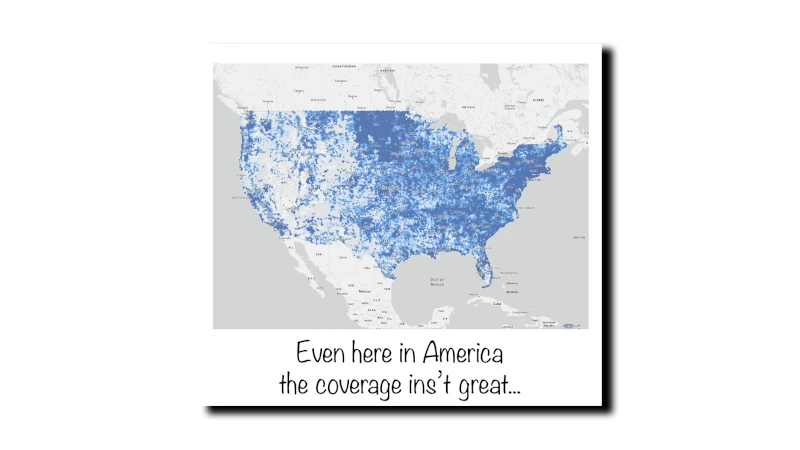 Map of US internet coverage. Caption: “Even here in America, the coverage isn’t great”