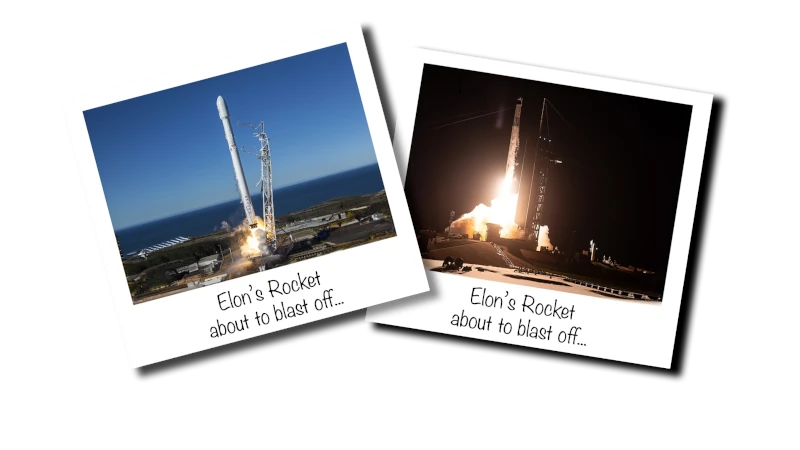 Photos of Spacex Falcon 9 launch. Caption: “Elon’s rocket about to blast off”